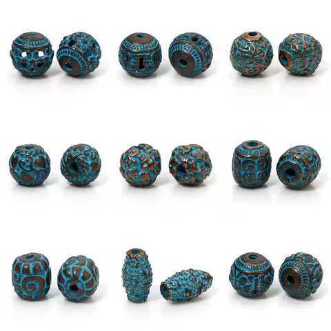 10pcs Bohemian Style Patina Spacer Beads Antique Copper Blue Round Carved Pattern Beads For DIY Jewe