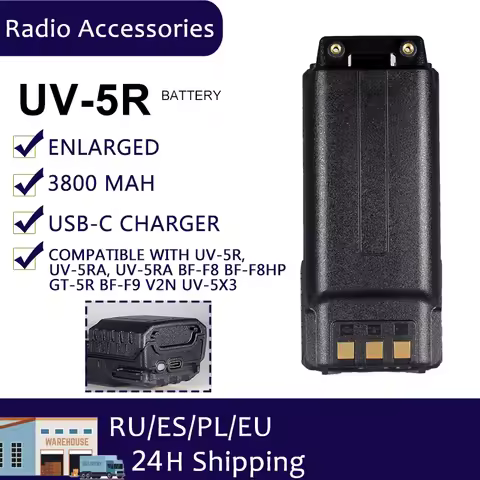 Boafeng UV-5R Battery 3800 mAh USB C Charger Enlarged for Walkie Talkie BF-F8HP UV5R UV-5RE BF-F9 5R