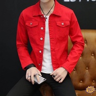 ✦Ready Stock✦ print denim coat jaket jeans lelaki Bright red handsome denim jacket men's autumn coat