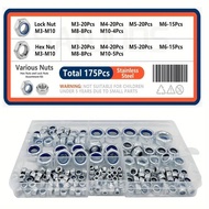 175PCS Lock Nut Stainless Steel 304 Hex Nylon Locking Nut Kit M3 M4 M5 M6 M8 M10 Hex Lock Nut