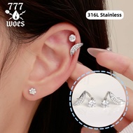 777woes 316l Stainless Steel Cartilage Earrings Angel Wing Pattern Cz Diamond Shiny Korean Design Fo