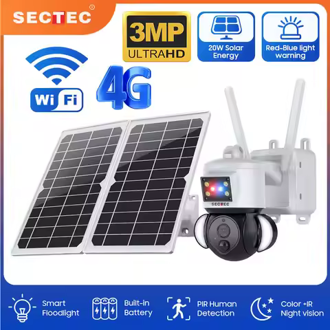 SECTEC 20W Solar Battery Red Blue Alarm Floodlight PTZ Camera Outdoor Wifi Solar Security Camera Hom