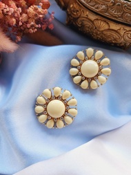 美國西洋古董飾品/米白仿寶石花萊茵夾式耳環Kate Spade NEW YORK