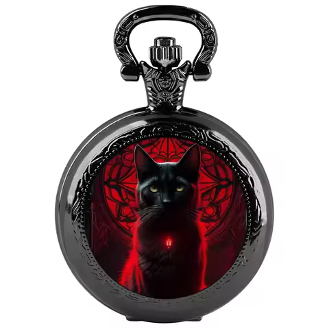 Black Cat Gazing Quartz Pocket Watch Woman Fashion Watch Necklace with Chain Man Watches Souvenir Gi