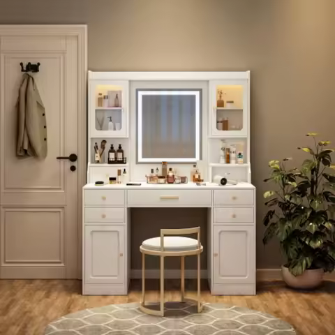 Large Vanity Table Set Makeup Vanity Dressing Table with Mirror6Drawers Shelves Dresser Desk