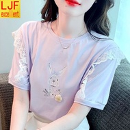 Pure Cotton Lace Stitching Printed Purple Korean Version Half-Sleeved T-Shirt Women Summer Loose Slimmer Look Fashion Top T