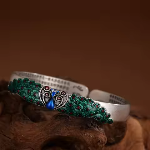925 Silver Ethnic Style vintage Heart Sutra Peacock bracelet for women Exquisite Blue Green Enamel b