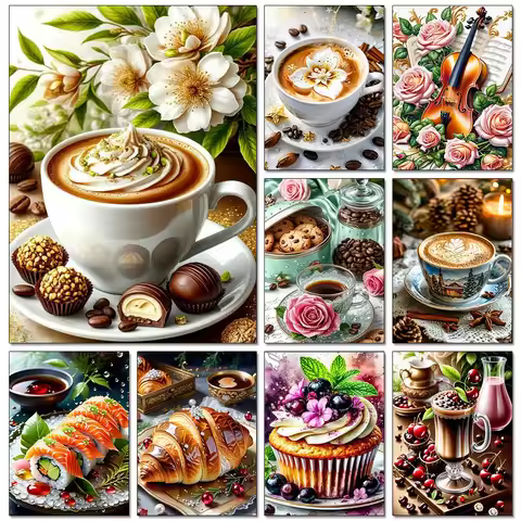 5D DIY Coffee Bread Picture Diamond Painting Art Kit Kitchen Restaurant Gem Inlay Suitable for Adult
