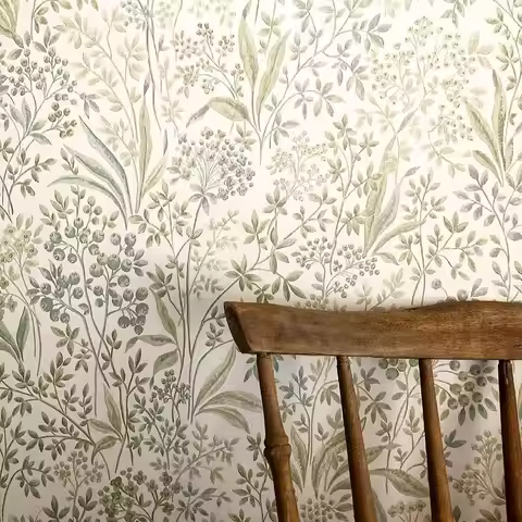 Watercolor Painted Nocturne wallpaper with Botanic Branches and Leaves with a green white light back