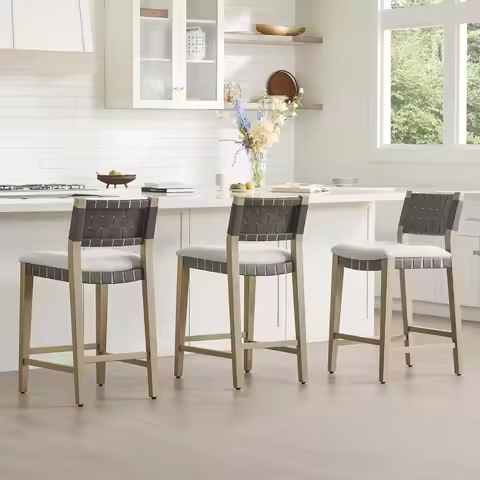 Set of 3, 26 Dark Grey Handwoven Bar Stools with Backrest for Kitchen Island and Home Bar Customized