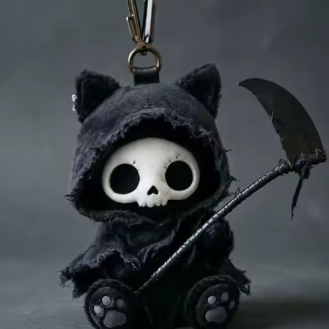 Grim Reaper Cat Plush Keychain Creative Gothic Horror Black Skull Backpack Pendant Soft Stuffed Plus