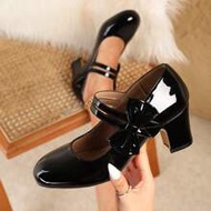 [MISS ROSIE]Women's Elegant Fashion High Heels Mary Jane Shoes T-Strap Round Toe Low Vamp Chunky Hee