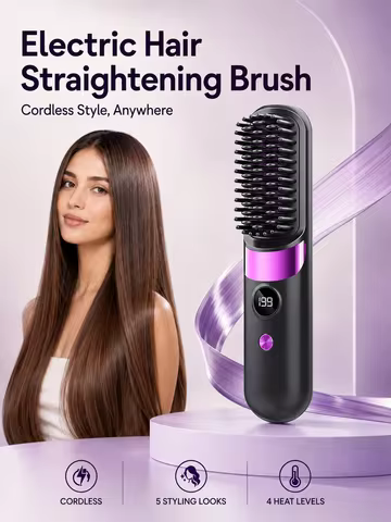 Electric Hair Straightening Brush Hot Comb Hair Straightener USB Rechargeable Wireless Portable Hair