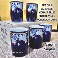 SET OF 5 JAPANESE COBALT BLUE FLORAL VINES PORCELAIN TEA CUPS • JAPAN SURPLUS