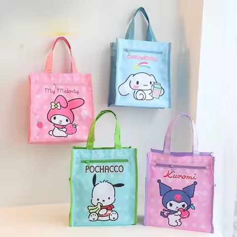 Sanrio Cartoon Kuromi Zipper Bag Kuromi Hello Kitty Children Large Capacity Reusable Handbag Documen