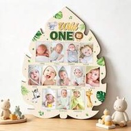 12 เดือน Wild One Baby Monthly Milestone Photo Board, Jungle Safari Theme Wooden Baby Growth Picture