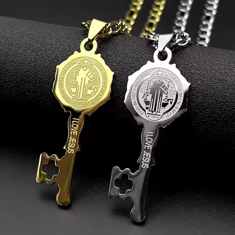 Catholic Saint Benedict Medal Key Shaped Pendant Necklace Stainless Steel I LOVE JESUS San Benito Ch