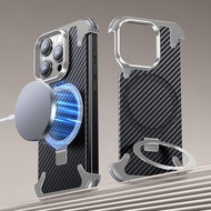 เคสโลหะคาร์บอนไฟเบอร์ไร้กรอบพร้อมห่วงจับ Magsafe ขาตั้งซ่อนรูปแม่เหล็กเคสโทรศัพท์บางโลหะ BezelLess ส