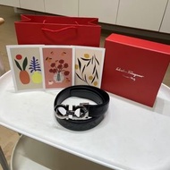 FERRAGAMO 標識雕刻平滑扣 皮帶 男款 黑色 寬3.5cm