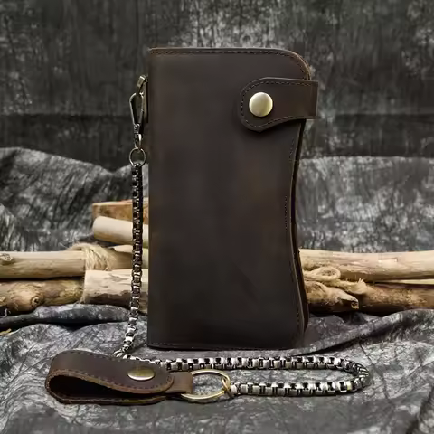 Super Quality Leather Wallet With Iron Chain 100% Cowhide Leather Black Bifold Card Wallet Men Hot M