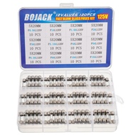 BOJACK 12 Nilai 120 pcs Tiupan Cepat Fius Kaca Pelbagai Kit 5x20mm 125V F0.5A 1A 1.6A 2A 3A 3.15A 4A