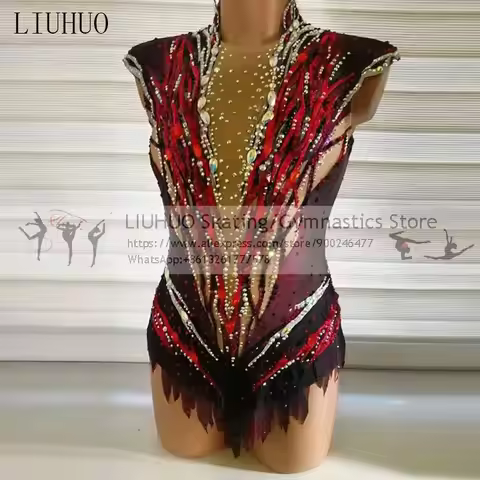 Kids Ice Skating Dress Girls Women Elegant Red Rhythmic Dress Competition rhinestone ice skate dress