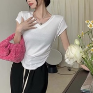 V Neck Tops With Garter Short Sleeve Blouse Korean Fashion