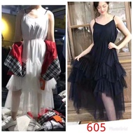 Midi Dress tutu layer hitam putih - dress korea casual dj605