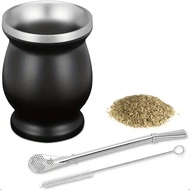 1pc 8oz Stainless Steel Double Wall Mate Tea Cup With Straw And Brush, Vacuum Insulated Gourd Shaped