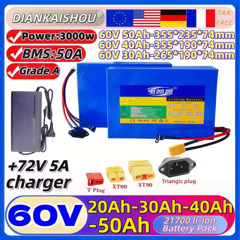 60V 50Ah 45Ah 40Ah 30Ah 35Ah 20Ah With 50A BMS 3000W 21700 Lithium battery pack For E-tools motorcyc