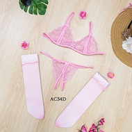 Stockings + Women's Underwear Set Bra G String Lace Pink Ac34D