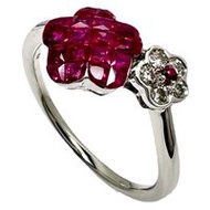 二手 13 號花朵圖案神秘鑲嵌紅寶石和鑽石戒指，18K 白金（3.0 克），女士適用。