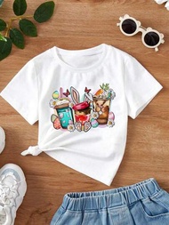 SHEIN 白色咖啡杯,兔子和復活節蛋印花女童短袖圓領t恤,適用於家庭搭配衣服媽咪和我（4件單獨出售）