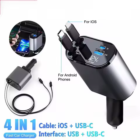 120w Retractable Car Charger 4 in 1 Fast Car Phone Charger With USB Type C Cable For iPhone For Sams