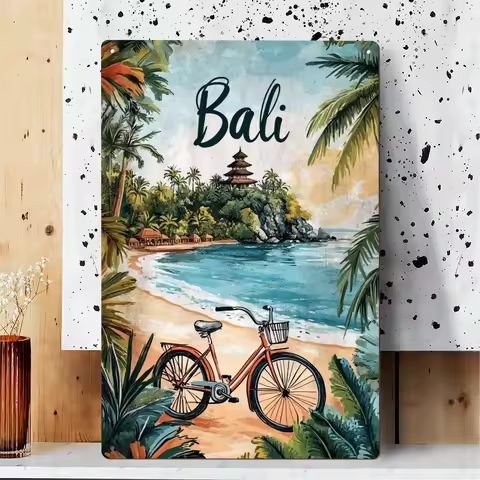 Panneau métallique Tropical Vintage Bali, palmiers séchés à la main, Silhouette de temple Uluwatu et