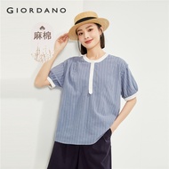 GIORDANO ผู้หญิง เสื้อเชิ้ต เสื้อเชิ้ตคอกลมแขนสั้นผ้าฝ้ายลินินตัดกัน เสื้อเชิ้ตแฟชั่นลำลองแขนสั้นลาย
