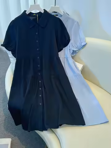 150Kg Plus Size Women's Bust 151 Summer Loose Short Sleeved Lapel Shirt Dress Black Blue 5XL 6XL 7XL