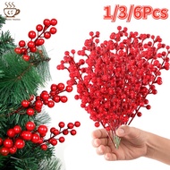 1/3/6 Branches Artificial Christmas Red Berry Decor Holly Branch Berry Flowers Bouquet with 30heads Wedding Party Gift Box DIY Wreath Home Decor