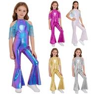Oyolan Shiny Hippie Costume for Kids Girls Tassel Sleeves Sequins Disco Outfit 70s 80s Prom Flare Ju