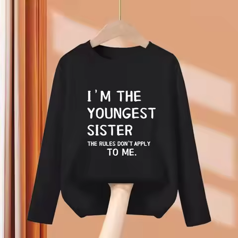 Long Sleeve Y2k Casual Girls' Cute "I'm The Youngest Sister" Graphic Letter Print Kids 's T-shirt Gi