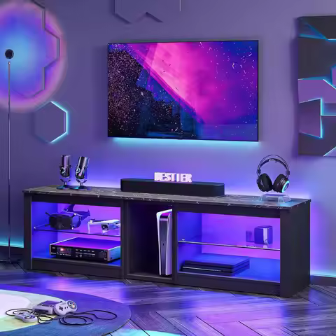 TV Stand for 70 inch TV, Gaming Entertainment Center for PS5, LED TV Cabinet with Glass Shelves for