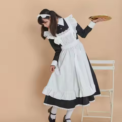 Women's Classic Lolita Maid Dress Vintage Inspired Women's Outfits Cosplay Anime Girl Black Long Sle
