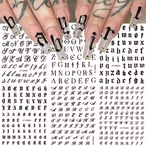 6pcs/set Black Gothic 26 English Letter Nail Stickers 3D Retro Old Alphabet Nail Decals Self-adhesiv