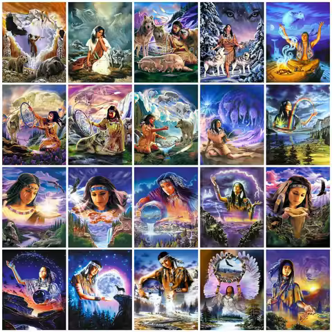 Diamond Embroidery Sale Indian Woman Man Picture Of Rhinestones Wolf Animal Painting Mountain Cross 