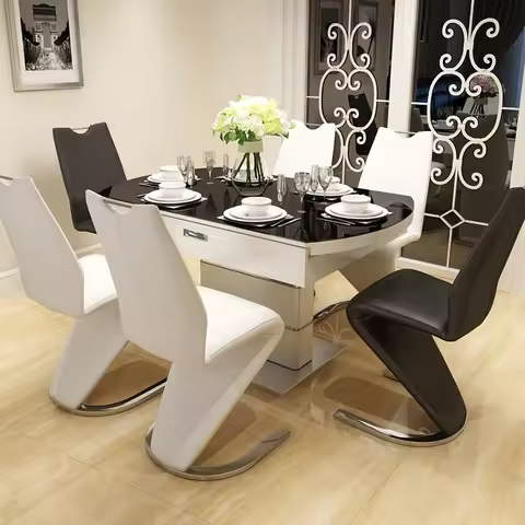 ※a Home uxury Dining Room Table Sets Round Folding Dining Table Set 6 8 Seater Chairs Stainless Stee