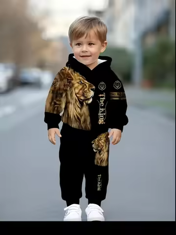 "Boys' Lion King Hoodie Set | 'The King' Bold Lion Print - Black Hooded Sweatshirt & Jogger Pants Tw