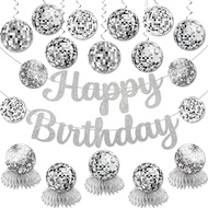 Disco Birthday Party Decorations - Silver Disco Ball Banner, Honeycomb Centerpieces, 70s-80s-90s The