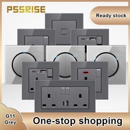 PSSRISE Black Wall Switch Socket 13A/15A/Autogate/Light Controller/Rotary Plug Switch Soket with Usb Gray Tempered Glass with LED Indicator 2 Year Warranty CE International Certif