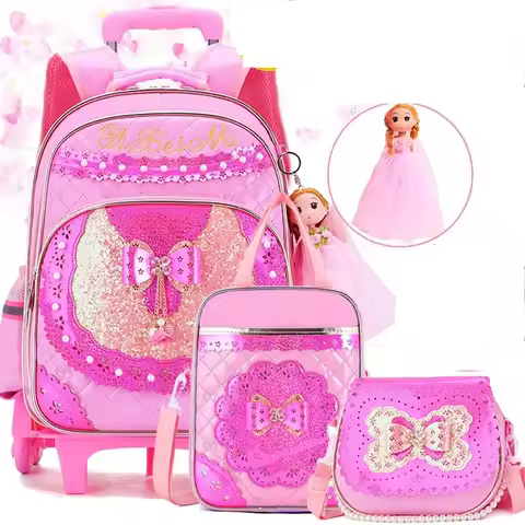 School Rolling Backpack Set with handbag lunch bag school PU Leather Wheeled backpack bag 2&6 wheels