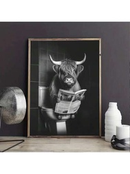 1入組,創意動物畫布畫,蘇格蘭高地牛坐在馬桶上看報紙,黑白經典風格的現代海報印刷,非常適合臥室客廳門廳辦公室工作室家居裝飾,無框,尺寸15.7*23.6英寸。